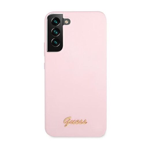 Guess Galaxy S22 -silikonikuori, Script Metal Logo pinkki