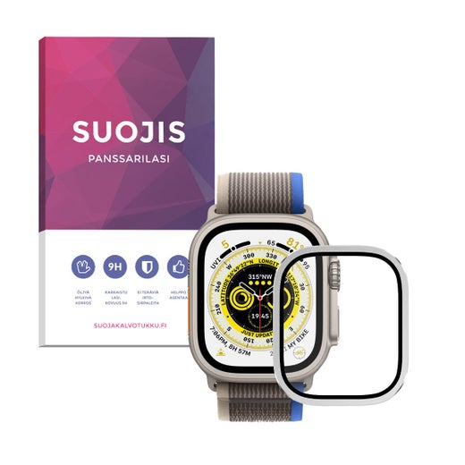 Apple Watch Ultra Suojis-panssarilasi, koko n&auml;yt&ouml;lle, hopeat reunat