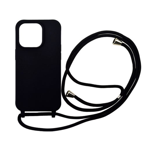 iPhone 14 Pro silikonimainen suojakuori kaulahihnalla, Musta